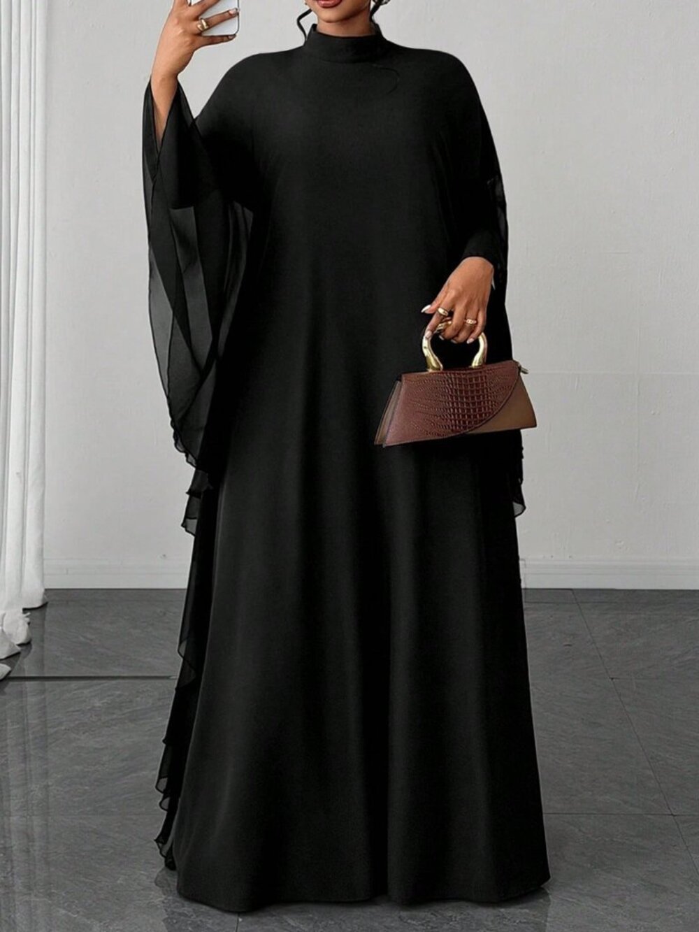 Black Modest Women's Flutter Sleeve Loose Flattering Dress - Picture 4 of 7